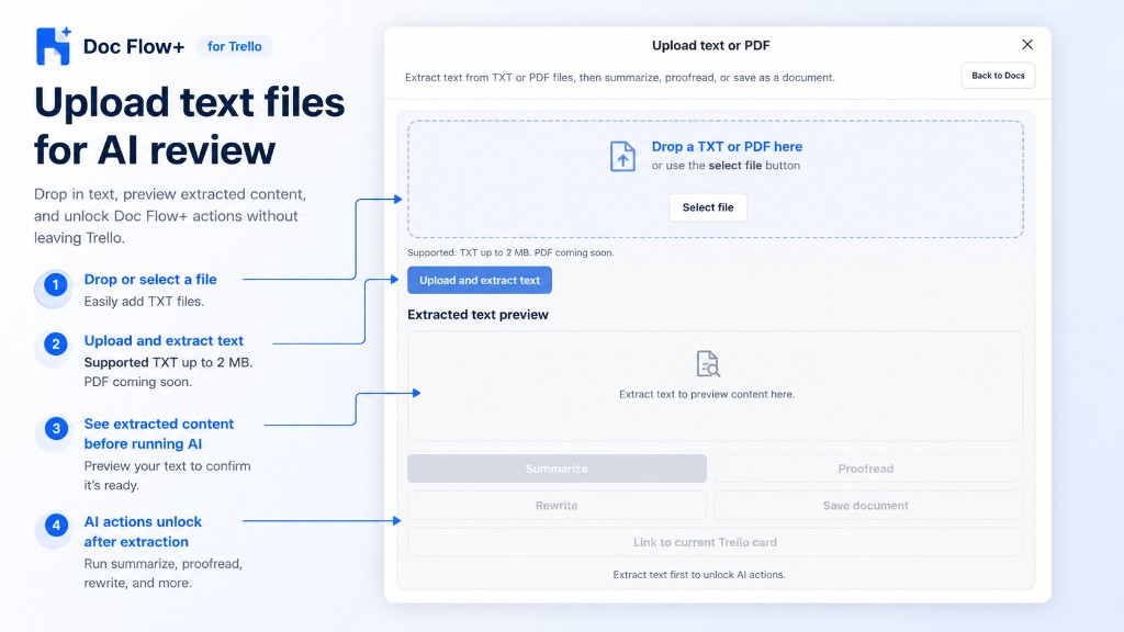 Upload text or PDF — extract text then run AI actions